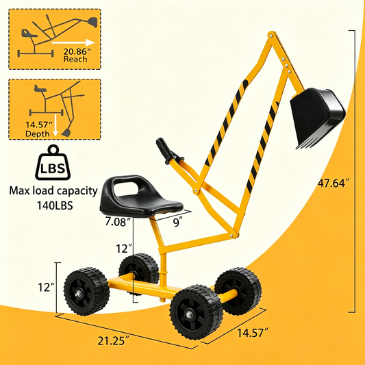 Kids Rolling Ride‑On Sand Digger Excavator Toy, 360° Rotatable Steel Sandbox Digger Crane with 4 Wheels, Outdoor Beach Backyard Play Toy for Sand, Dirt & Snow, Ages 3‑8
