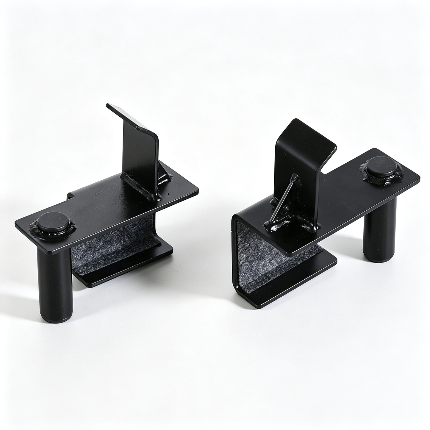 Heavy-duty black pair J-Hooks for your multi-function adjustable power cage. Perfect barbell holder for squat rack, compatible with power cage with safety straps, optional LAT pulldown and cable crossover attachments. Secure, sturdy gym rack accessories.