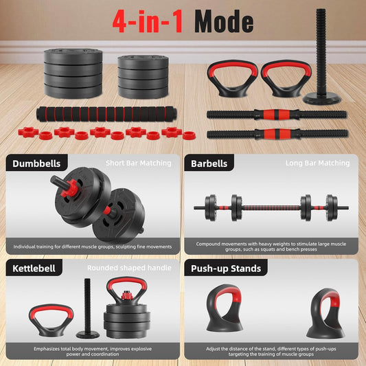 Fitvids 40LBS Multi-Functional Adjustable Dumbbell Set, Convertible Dumbbell, Barbell & Kettlebell Portable Free Weight Set for Home Gym Workouts
