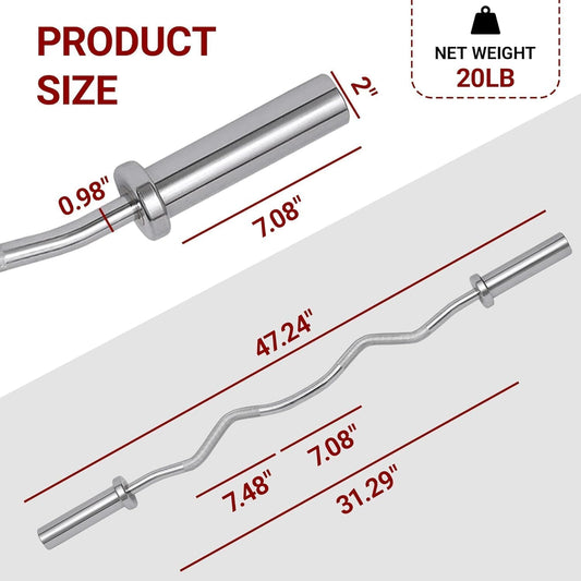 Fitvids Olympic EZ Curl Barbell Bar 47", 2-Inch Curl Bar for Weight Lifting, Hip Thrusts, Squat, Biceps-Home Gym Weight Bars