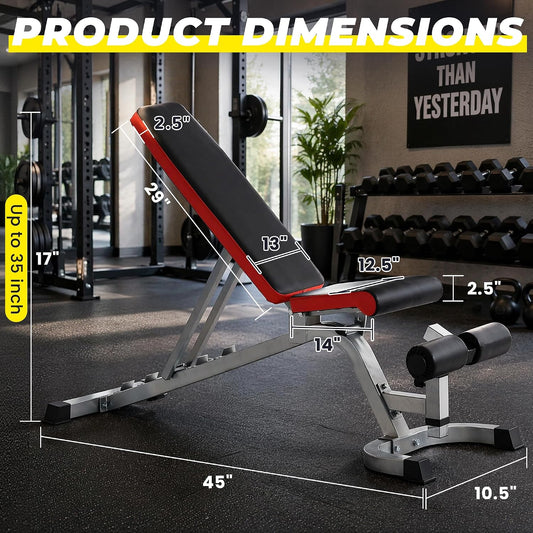 Fitvids Adjustable Folding Weight Bench with Leg Roller, Heavy‑Duty Incline Decline Flat Exercise Bench, Supports up to 600 LBS for Home Gym Full‑Body Strength Training