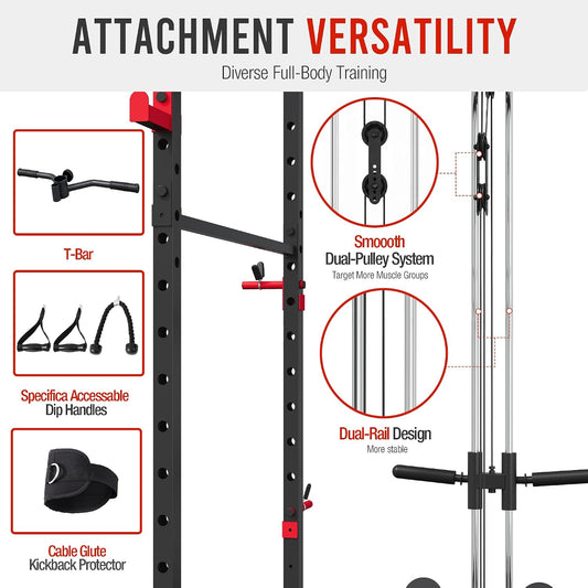 Fitvids Power Rack, Multi-Function Squat Rack with LAT Pull Down, Power Cage with Pulley System, Strength Training Home Gym Equipment with Workout Equipment Attachments, Cable Machine for Home Gym