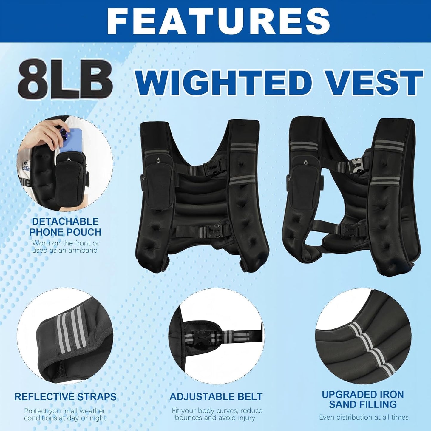 Fitvids Weighted Vest Detachable Phone Pocket Reflective Stripe 6lb/8lb/10lb for Running Strength Training
