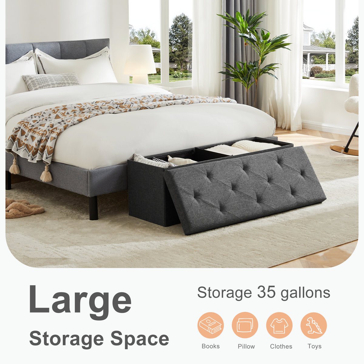 Storage Ottoman Bench with Thicker Foam Padded Seat, Folding Foot Rest for Bedroom & Living Room