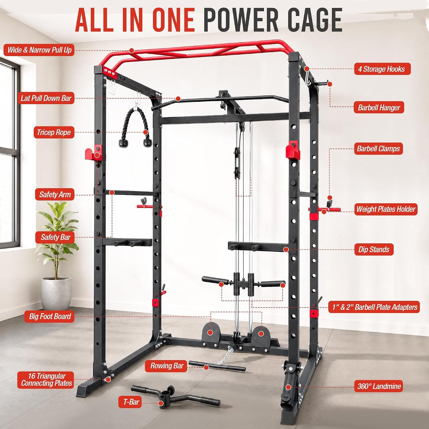 Fitvids Power Rack, Multi-Function Squat Rack with LAT Pull Down, Power Cage with Pulley System, Strength Training Home Gym Equipment with Workout Equipment Attachments, Cable Machine for Home Gym