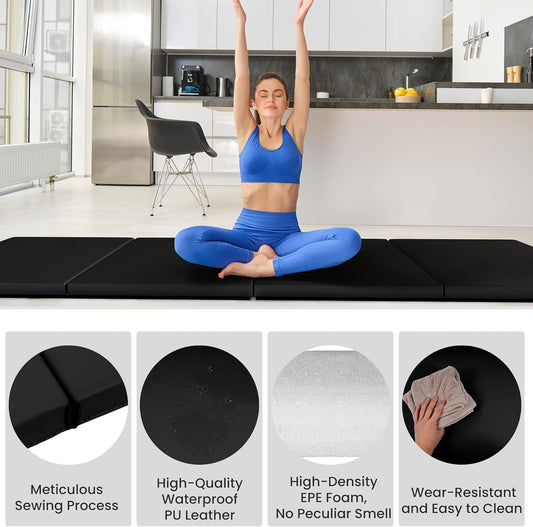 Signature Fitness 10ft x 4ft Four Fold Folding Exercise Mat with Carrying Handles for MMA, Gymnastics and Home Gym Protective Flooring, 2-inch Thick