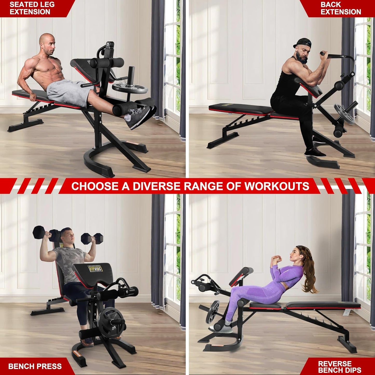 Fitvids 6-Position Adjustable Weight Bench with Leg Extension, Leg Curl Preacher Pad, Multi-Functional Workout Utility Bench for Home Gym Strength Training