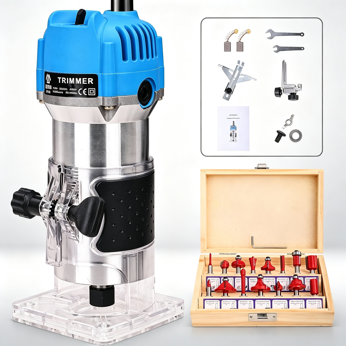 800W 110V Compact Palm Wood Router | Electric Laminate Trimmer 26PCS Woodworking Kit