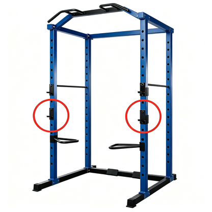Heavy-duty black pair J-Hooks for your multi-function adjustable power cage. Perfect barbell holder for squat rack, compatible with power cage with safety straps, optional LAT pulldown and cable crossover attachments. Secure, sturdy gym rack accessories.