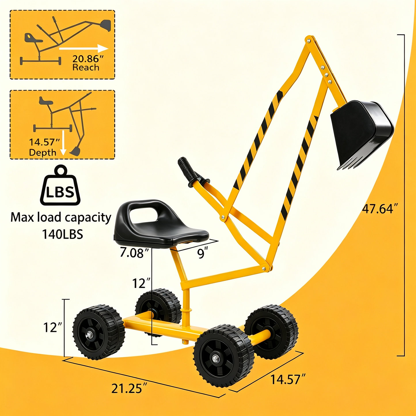 Kids Rolling Ride‑On Sand Digger Excavator Toy, 360° Rotatable Steel Sandbox Digger Crane with 4 Wheels, Outdoor Beach Backyard Play Toy for Sand, Dirt & Snow, Ages 3‑8