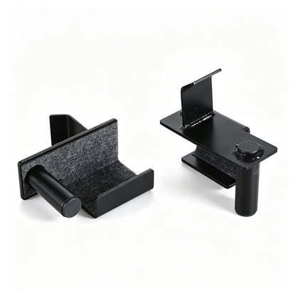 Heavy-duty black pair J-Hooks for your multi-function adjustable power cage. Perfect barbell holder for squat rack, compatible with power cage with safety straps, optional LAT pulldown and cable crossover attachments. Secure, sturdy gym rack accessories.