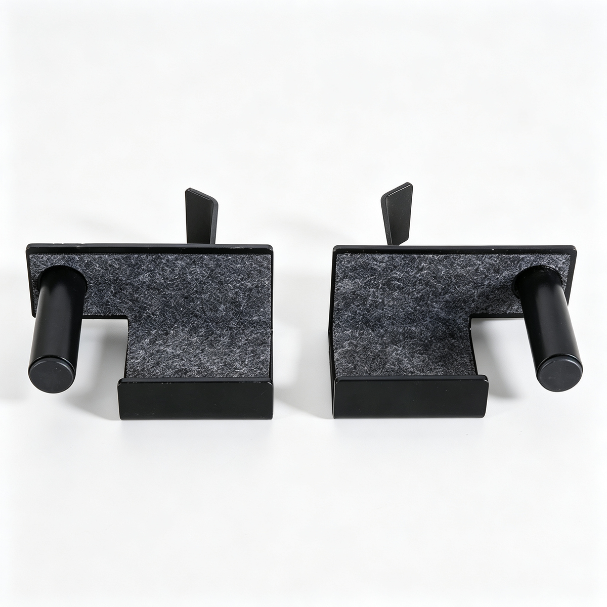 Heavy-duty black pair J-Hooks for your multi-function adjustable power cage. Perfect barbell holder for squat rack, compatible with power cage with safety straps, optional LAT pulldown and cable crossover attachments. Secure, sturdy gym rack accessories.