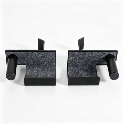 Heavy-duty black pair J-Hooks for your multi-function adjustable power cage. Perfect barbell holder for squat rack, compatible with power cage with safety straps, optional LAT pulldown and cable crossover attachments. Secure, sturdy gym rack accessories.