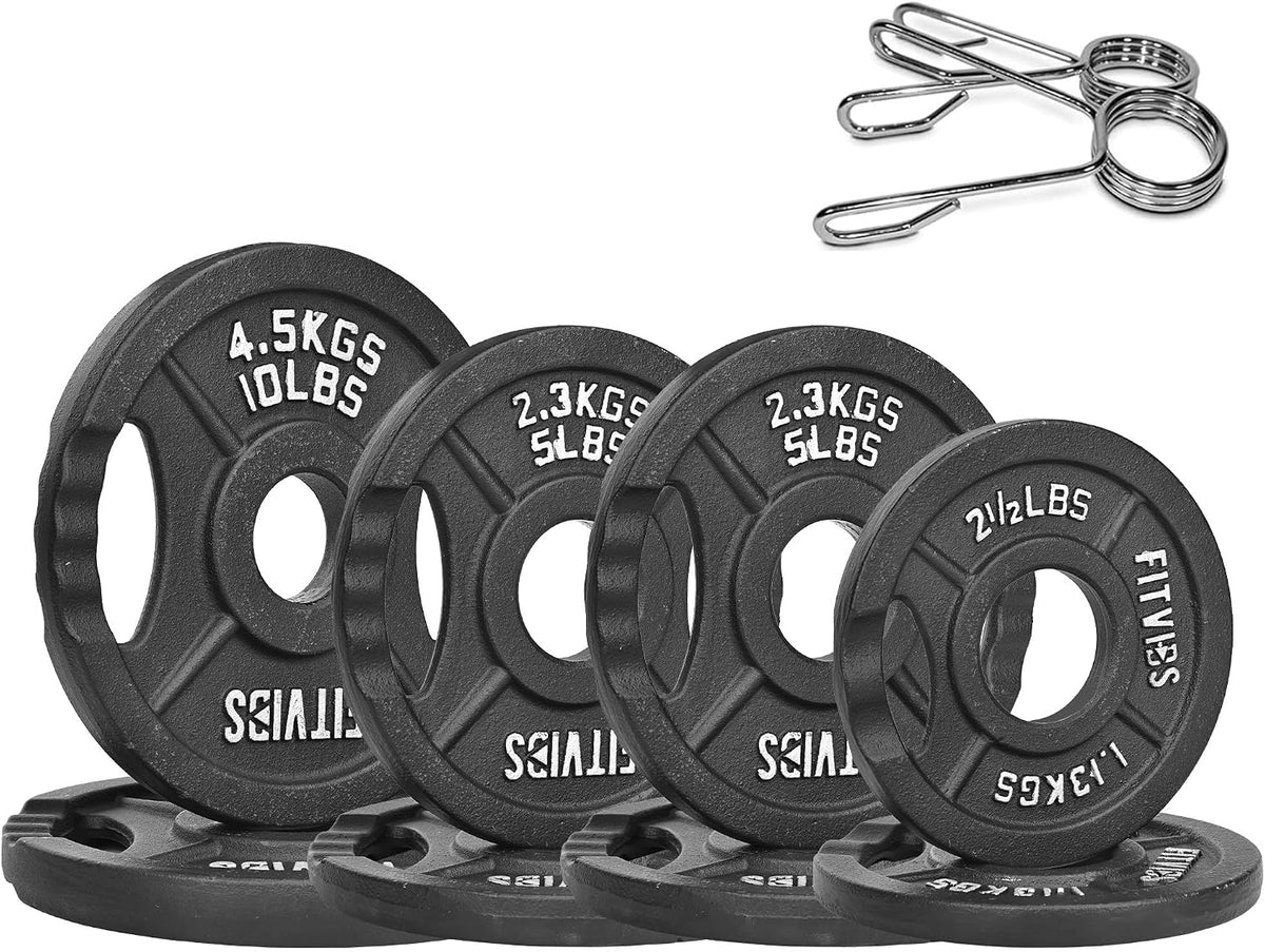 Fitvids Dual-Hole Cast Iron Olympic Weight Plates, 2-Inch Center Hole, Black with Silver Markings, for Barbells & Home Gym Strength Training
