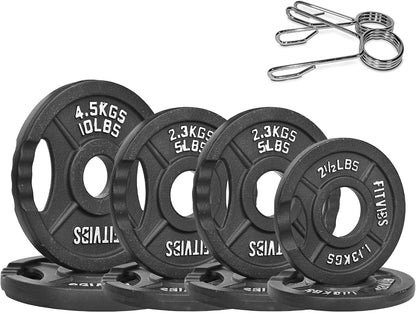 Fitvids Dual-Hole Cast Iron Olympic Weight Plates, 2-Inch Center Hole, Black with Silver Markings, for Barbells & Home Gym Strength Training