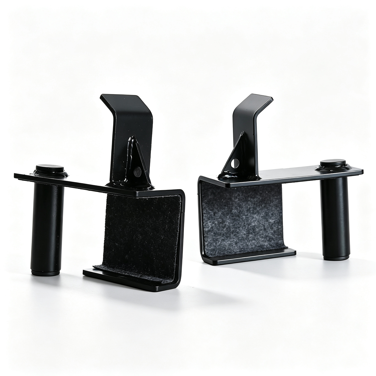 Heavy-duty black pair J-Hooks for your multi-function adjustable power cage. Perfect barbell holder for squat rack, compatible with power cage with safety straps, optional LAT pulldown and cable crossover attachments. Secure, sturdy gym rack accessories.