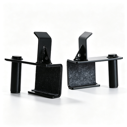 Heavy-duty black pair J-Hooks for your multi-function adjustable power cage. Perfect barbell holder for squat rack, compatible with power cage with safety straps, optional LAT pulldown and cable crossover attachments. Secure, sturdy gym rack accessories.