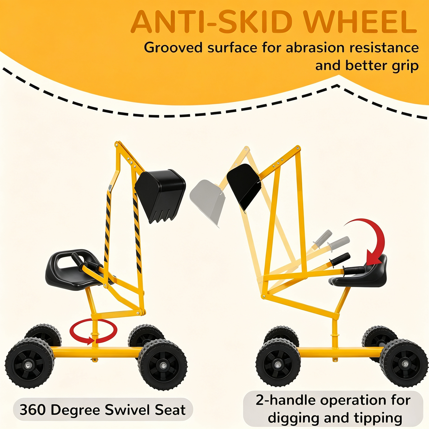 Kids Rolling Ride‑On Sand Digger Excavator Toy, 360° Rotatable Steel Sandbox Digger Crane with 4 Wheels, Outdoor Beach Backyard Play Toy for Sand, Dirt & Snow, Ages 3‑8