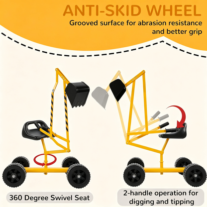 Kids Rolling Ride‑On Sand Digger Excavator Toy, 360° Rotatable Steel Sandbox Digger Crane with 4 Wheels, Outdoor Beach Backyard Play Toy for Sand, Dirt & Snow, Ages 3‑8