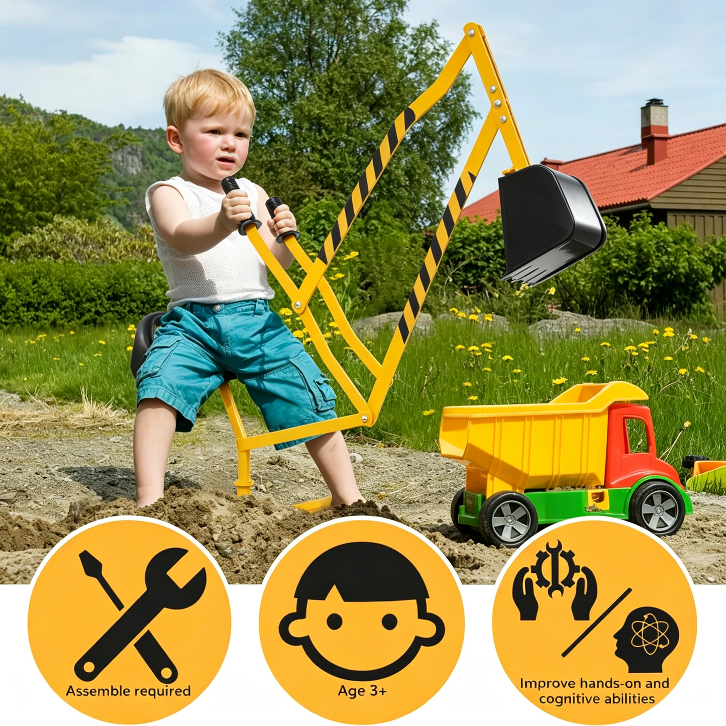 Kids Ride‑On Sand Digger Excavator Toy | 360° Rotatable Steel Sandbox Digger with Stable Base, Outdoor Beach Backyard Toy for Sand Dirt Snow Play