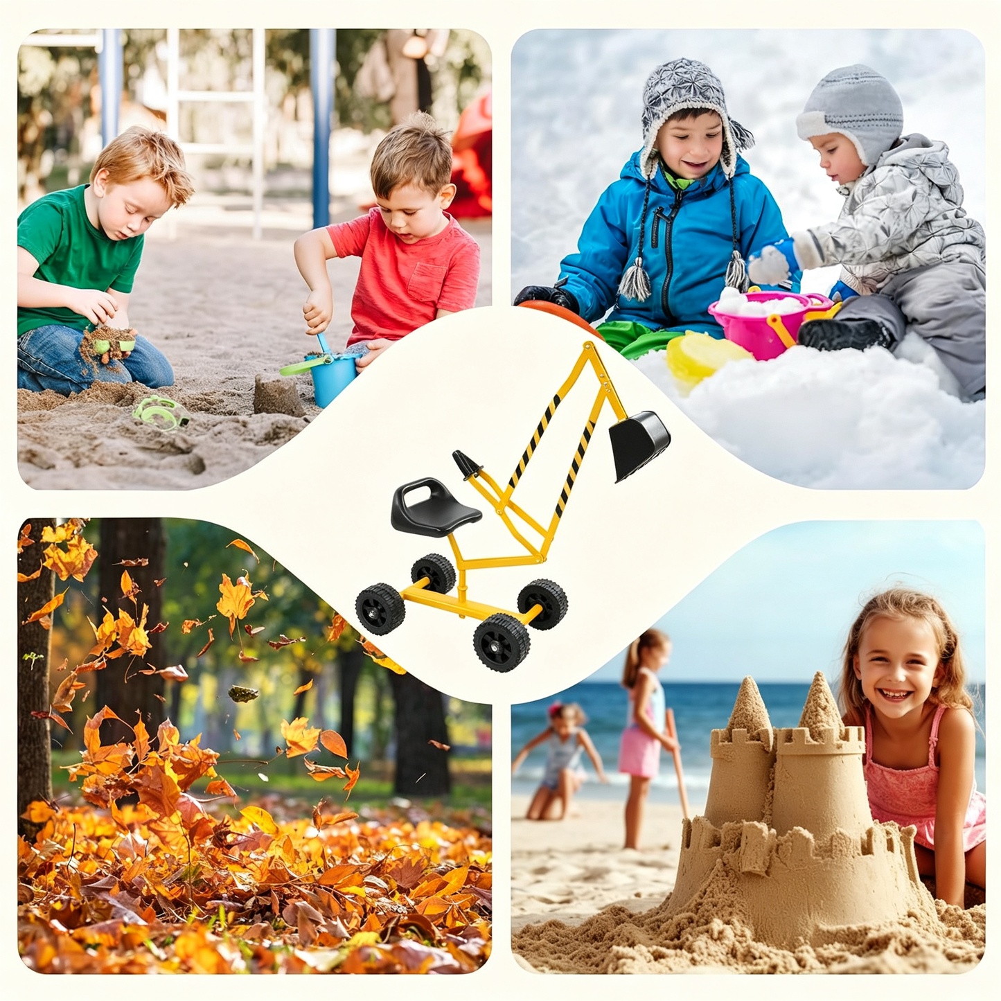 Kids Rolling Ride‑On Sand Digger Excavator Toy, 360° Rotatable Steel Sandbox Digger Crane with 4 Wheels, Outdoor Beach Backyard Play Toy for Sand, Dirt & Snow, Ages 3‑8