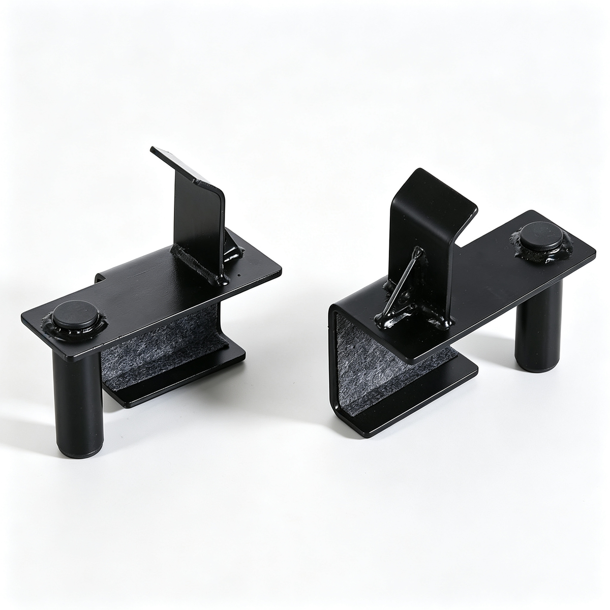 Heavy-duty black pair J-Hooks for your multi-function adjustable power cage. Perfect barbell holder for squat rack, compatible with power cage with safety straps, optional LAT pulldown and cable crossover attachments. Secure, sturdy gym rack accessories.