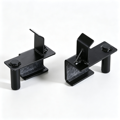 Heavy-duty black pair J-Hooks for your multi-function adjustable power cage. Perfect barbell holder for squat rack, compatible with power cage with safety straps, optional LAT pulldown and cable crossover attachments. Secure, sturdy gym rack accessories.