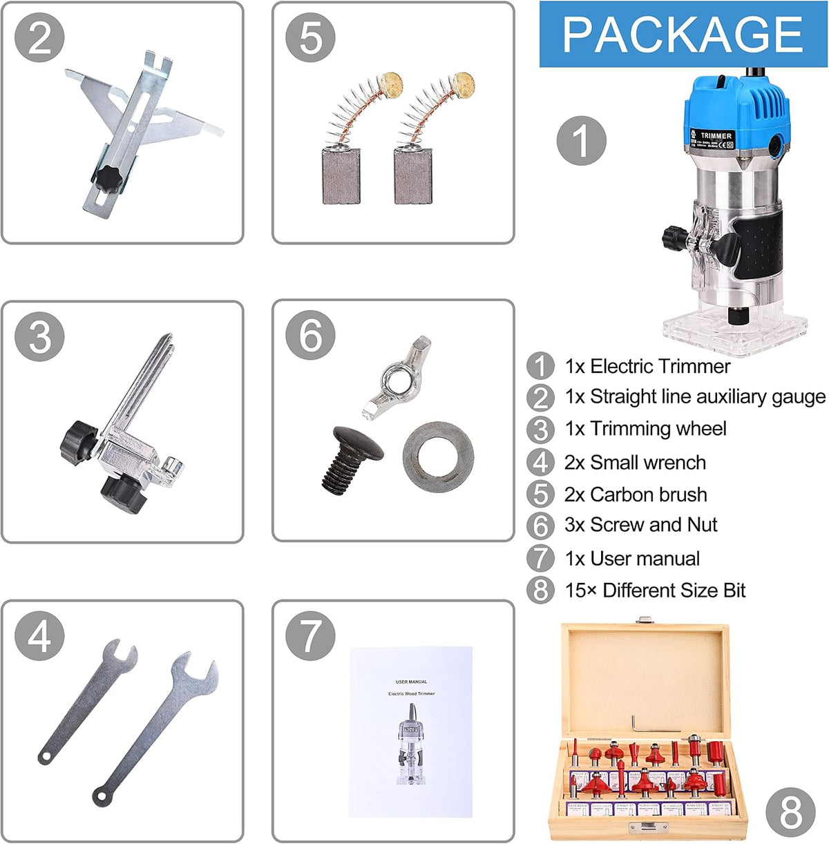 800W 110V Compact Palm Wood Router | Electric Laminate Trimmer 26PCS Woodworking Kit