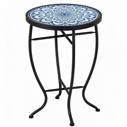 Mosaic Outdoor Side Table, 14" Round End Table, Accent Table, Plant Stand Ideal for Pool Side, Porch, Patio, Deck or Sofa Side, Golden Backyard