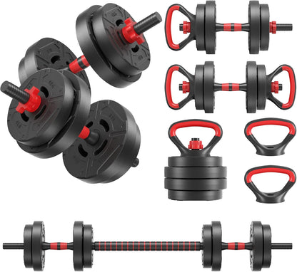 Fitvids 40LBS Multi-Functional Adjustable Dumbbell Set, Convertible Dumbbell, Barbell & Kettlebell Portable Free Weight Set for Home Gym Workouts