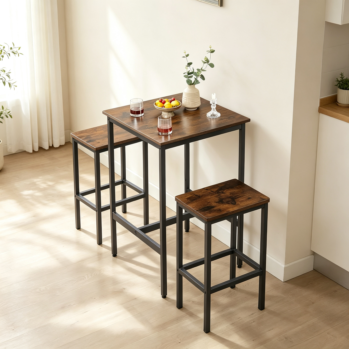 2‑Person Industrial Bar Dining Table Set, Square High Table with 2 Bar Stools, Metal Frame Rustic Brown for Small Apartment Kitchen