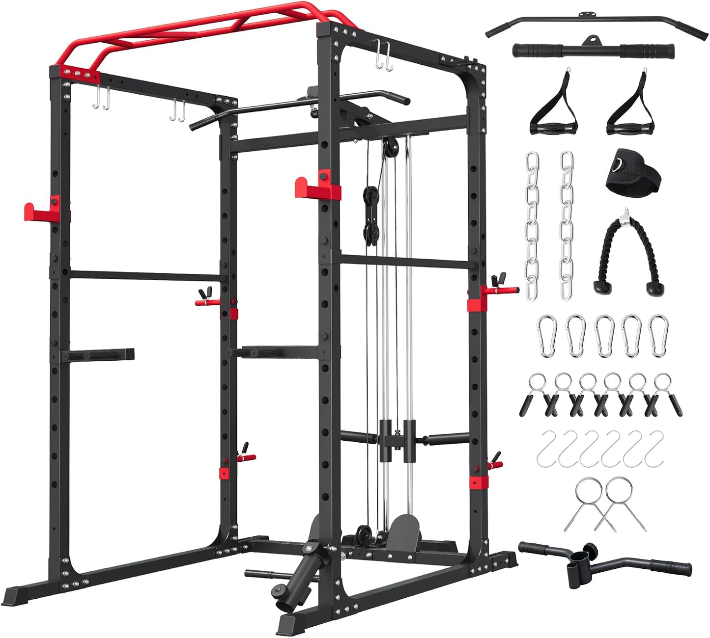 Fitvids Power Rack, Multi-Function Squat Rack with LAT Pull Down, Power Cage with Pulley System, Strength Training Home Gym Equipment with Workout Equipment Attachments, Cable Machine for Home Gym