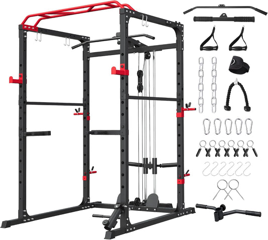 Fitvids Power Rack, Multi-Function Squat Rack with LAT Pull Down, Power Cage with Pulley System, Strength Training Home Gym Equipment with Workout Equipment Attachments, Cable Machine for Home Gym