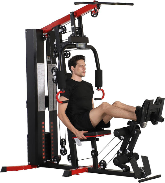 Fitvids Multifunctional All-in-One Home Gym Machine with 122.5 lbs Weight Stack, Pulley System Leg Press for Full Body Strength Training