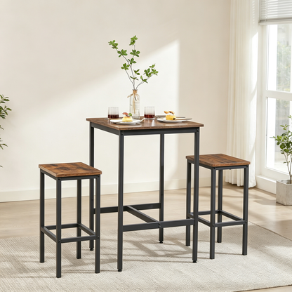 2‑Person Industrial Bar Dining Table Set, Square High Table with 2 Bar Stools, Metal Frame Rustic Brown for Small Apartment Kitchen