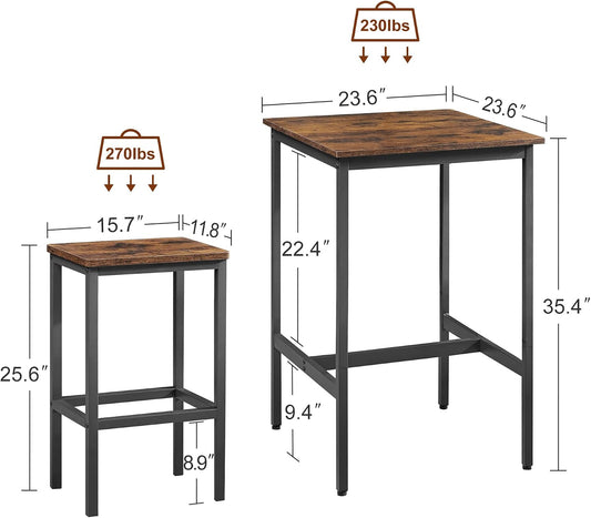 2‑Person Industrial Bar Dining Table Set, Square High Table with 2 Bar Stools, Metal Frame Rustic Brown for Small Apartment Kitchen