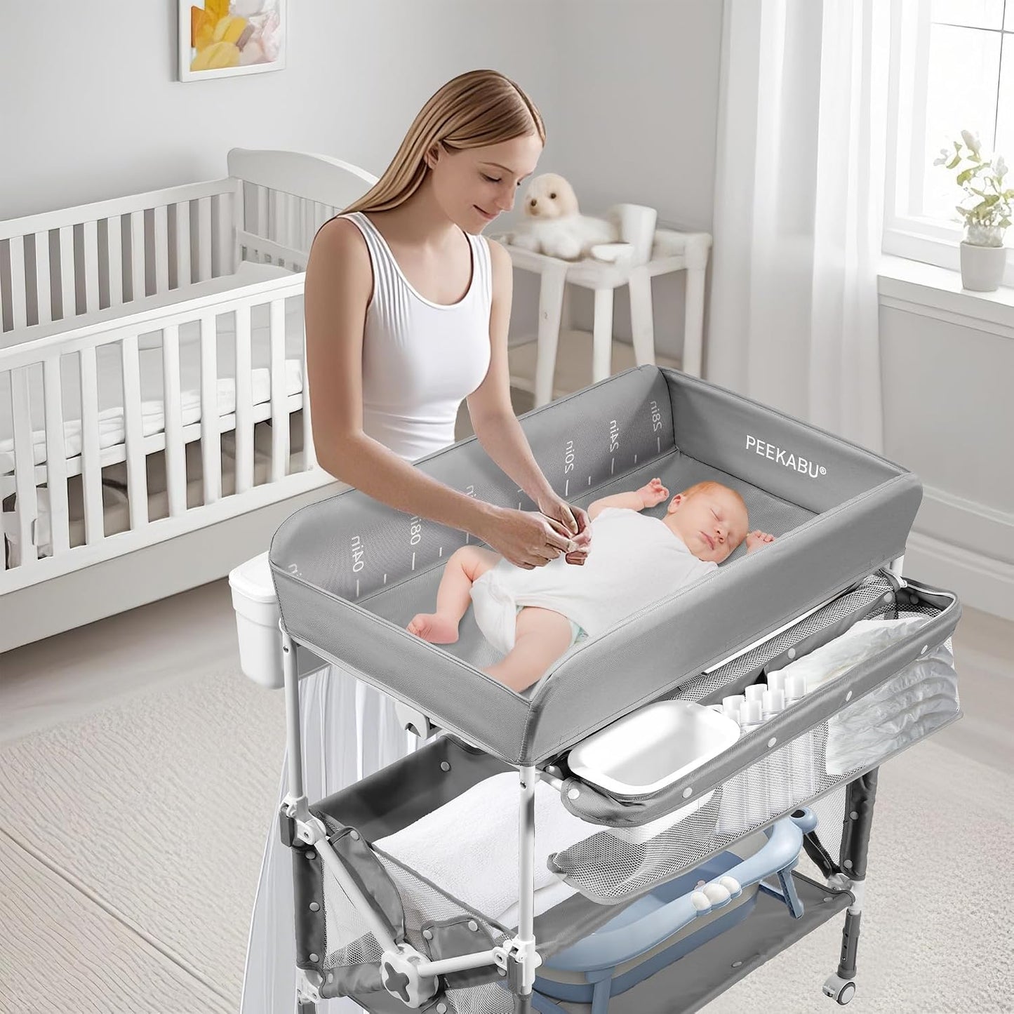 Foldable Mobile Baby Changing Table, Adjustable Height Waterproof Diaper Changing Station with Wheels, Nursery Storage Organizer for Newborns