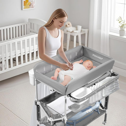 Foldable Mobile Baby Changing Table, Adjustable Height Waterproof Diaper Changing Station with Wheels, Nursery Storage Organizer for Newborns