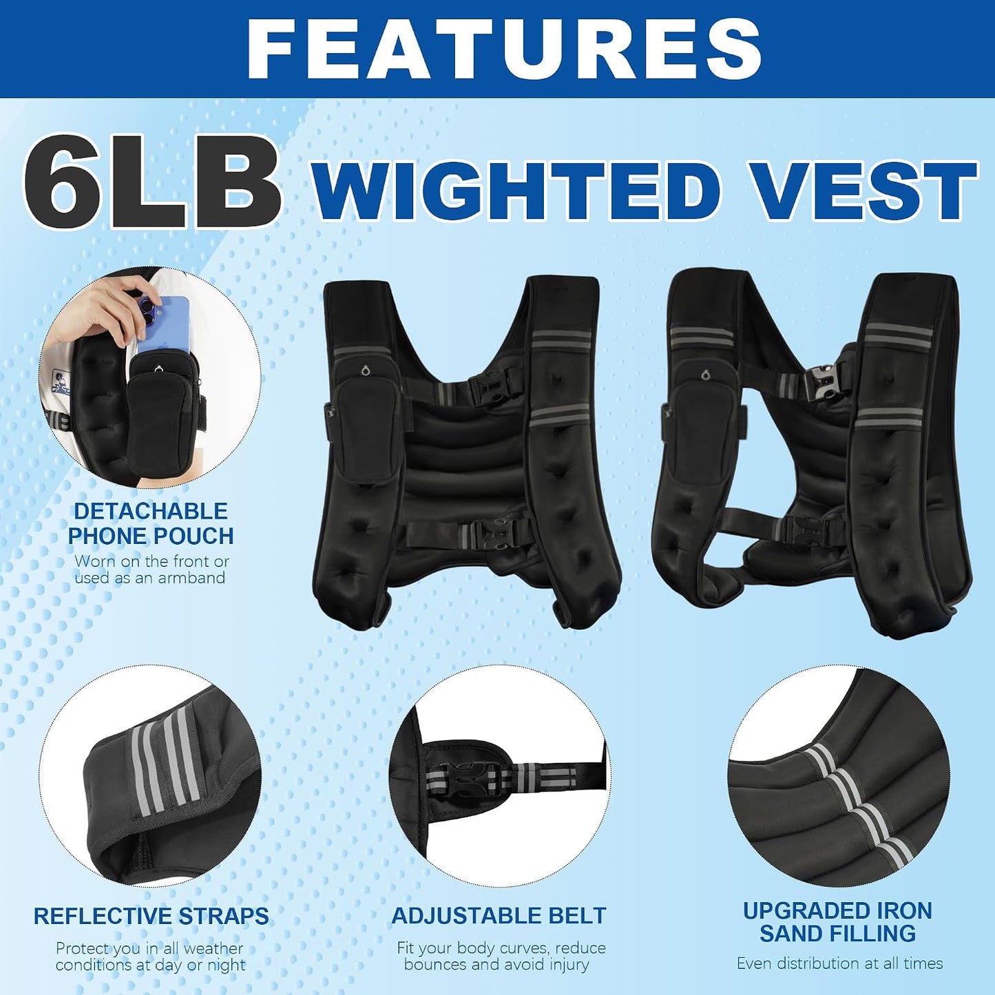 Fitvids Weighted Vest Detachable Phone Pocket Reflective Stripe 6lb/8lb/10lb for Running Strength Training