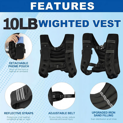 Fitvids Weighted Vest Detachable Phone Pocket Reflective Stripe 6lb/8lb/10lb for Running Strength Training