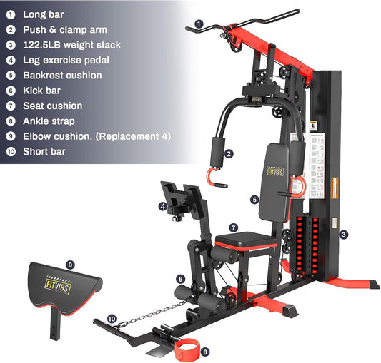 Fitvids Multifunctional All-in-One Home Gym Machine with 122.5 lbs Weight Stack, Pulley System Leg Press for Full Body Strength Training