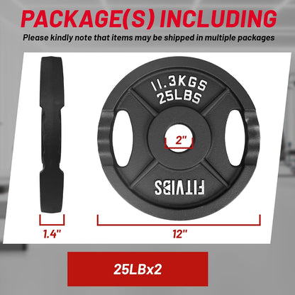 Fitvids Dual-Hole Cast Iron Weight Plates with 2-Inch Center Hole, Black with Silver Lettering, for Standard Barbell and Home Gym Use