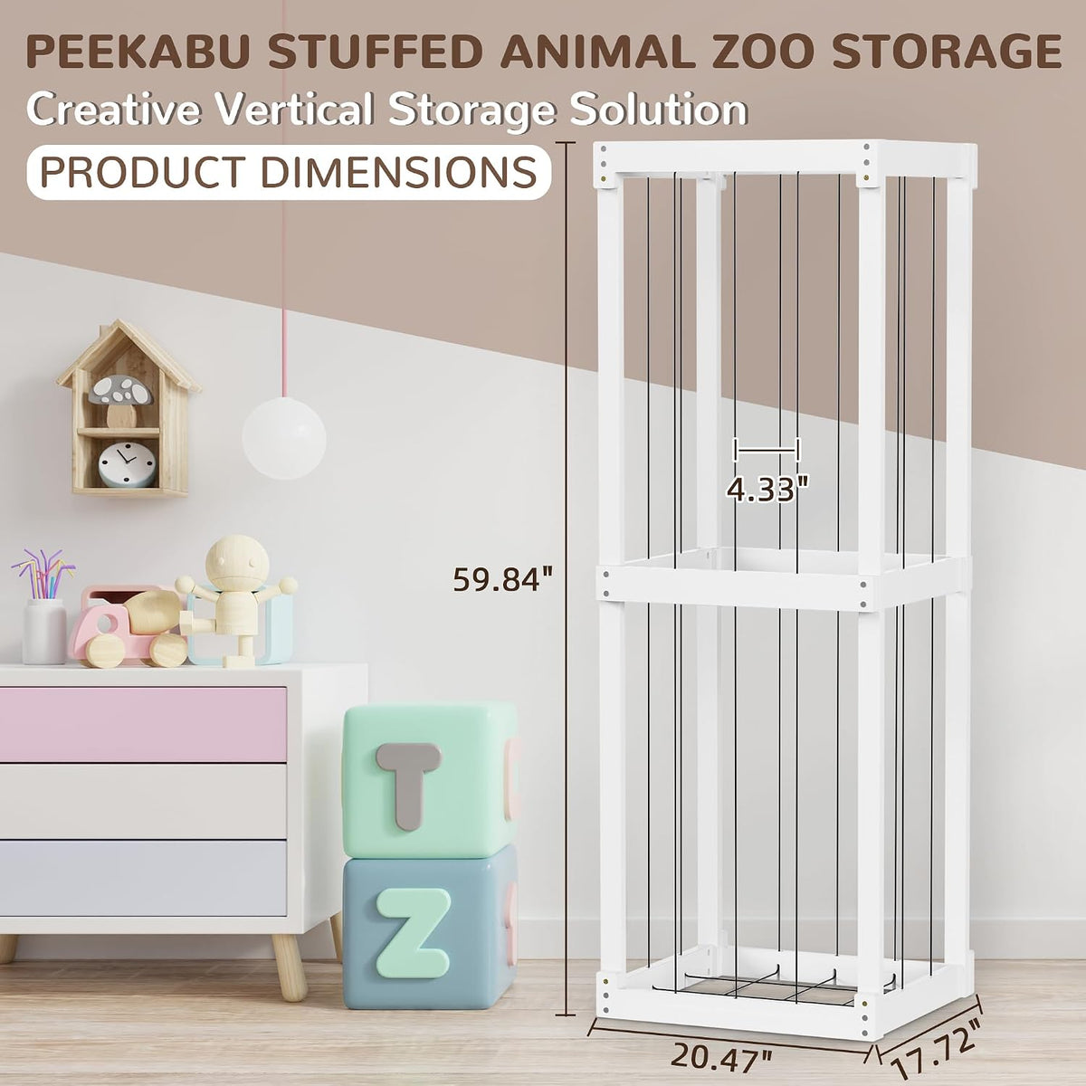 Wooden Stuffed Animal Zoo Storage, Large Toy Organizer with Elastic Band for Kids Toddlers, Playroom Corner Decor