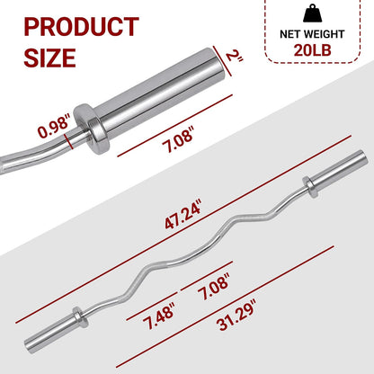 Fitvids Olympic 2-Inch Curl Barbell Bar, 47 Inches, Chrome