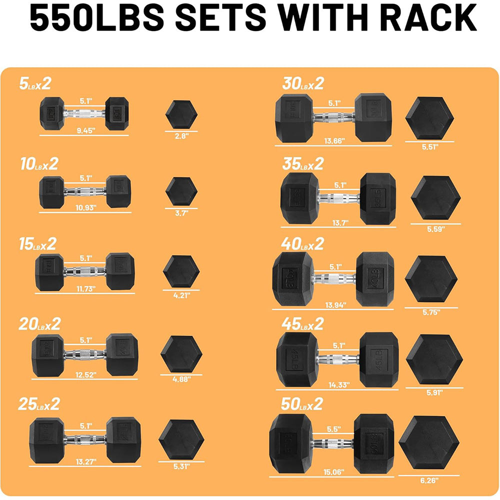 Fitvids 550 LB Rubber Coated Hex Dumbbell Set with 3-Tier Storage Rack, Anti-Slip Ergonomic Hand Weights for Home & Commercial Gym