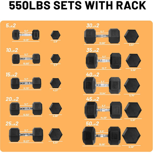 Fitvids 550 LB Rubber Coated Hex Dumbbell Set with 3-Tier Storage Rack, Anti-Slip Ergonomic Hand Weights for Home & Commercial Gym