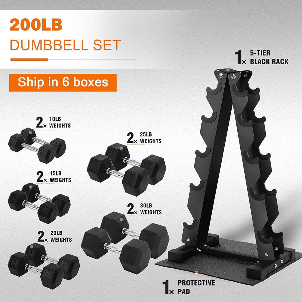 Fitvids Rubber Coated Hex Dumbbell Set with Storage Rack 200LB  Hand Weight Set with Anti-Slip Grip for Home Gym