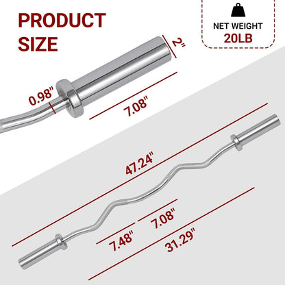 Fitvids Olympic EZ Curl Barbell Bar 47", 2-Inch Curl Bar for Weight Lifting, Hip Thrusts, Squat, Biceps-Home Gym Weight Bars