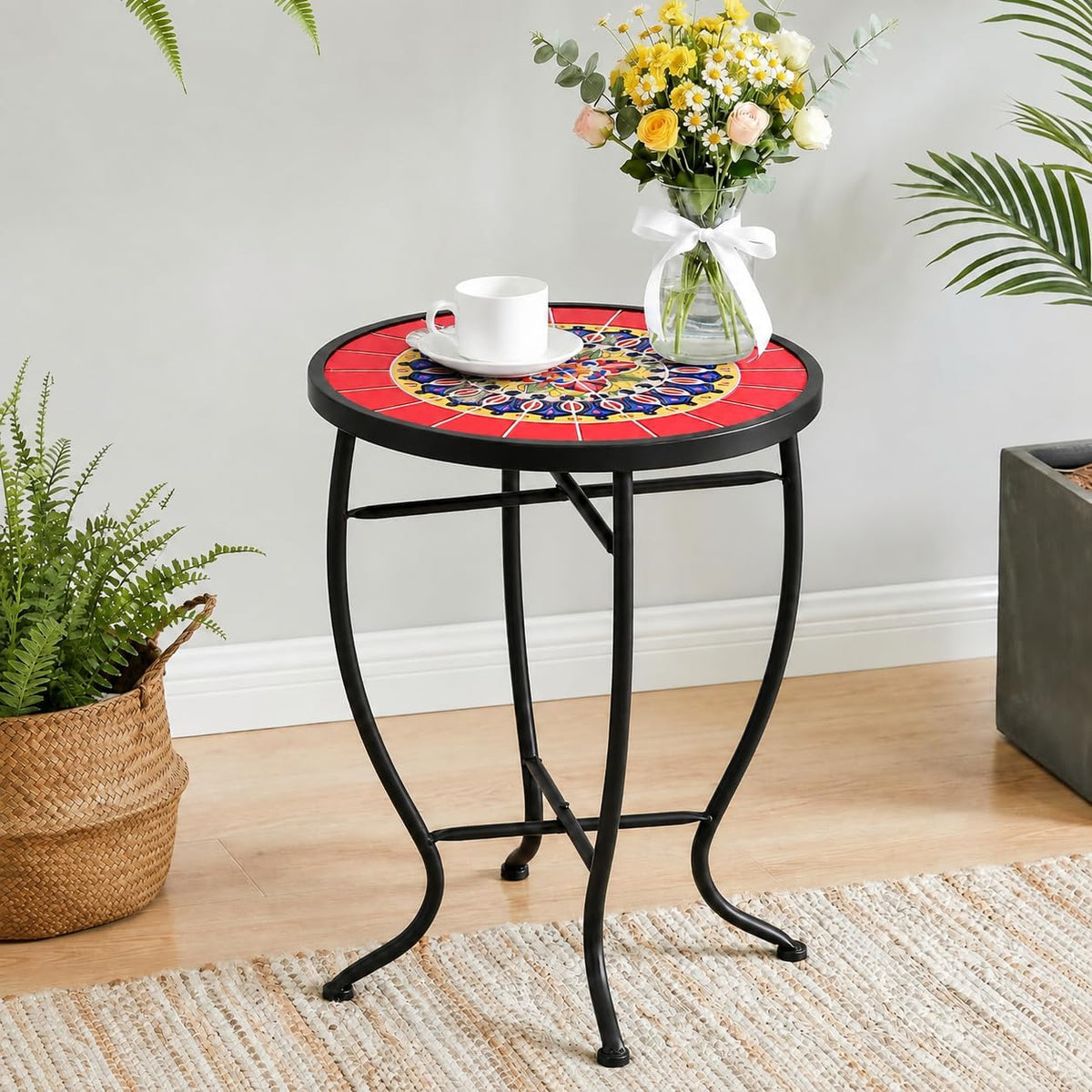 Mosaic Outdoor Side Table, 14" Round End Table, Accent Table, Plant Stand Ideal for Pool Side, Porch, Patio, Deck or Sofa Side, Golden Backyard
