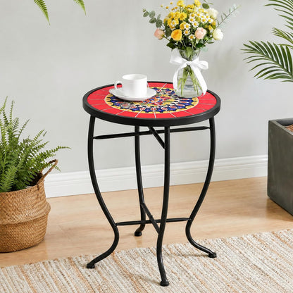 Mosaic Outdoor Side Table, 14" Round End Table, Accent Table, Plant Stand Ideal for Pool Side, Porch, Patio, Deck or Sofa Side, Golden Backyard